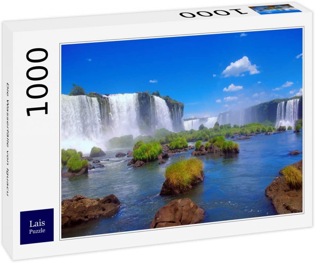 Puzzle De 1000 Piezas De Paisaje – Cascada, Montaña Y Bosque De Pinos En Papel Reciclado, 52x38 Cm
